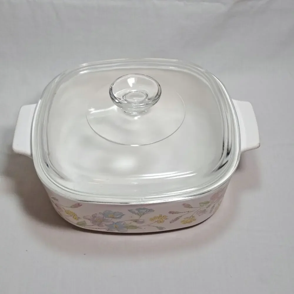Vintage 1980s Corning Ware Pastel Bouquet 2 Liter Covered Square Dish A-2-B